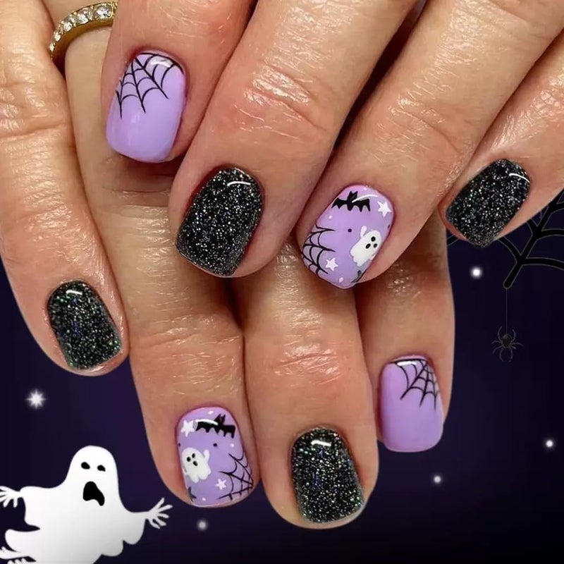 CTTHNBD 6 Packs (144 Pcs) Halloween Press on Nails Short Square, Almond Press on Nails, with Pumpkins Ghost Spider Web Design Stick on Fake Nails for Women - 12 Sizes, 6Styles - Image 3
